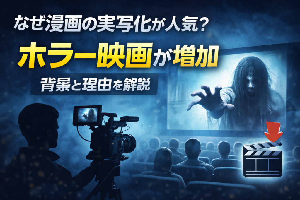 漫画の実写化とホラー映画の人気をテーマにした映画館とカメラマンのシルエット画像