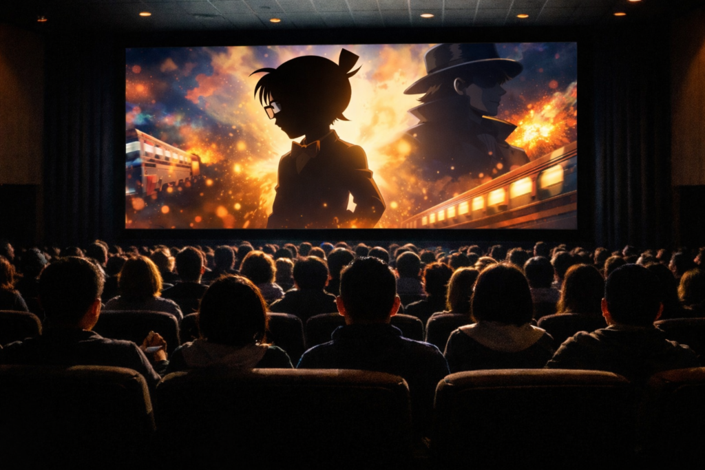 映画館で観客がスクリーンを見つめる様子とシルエットの人物が映るイメージ画像