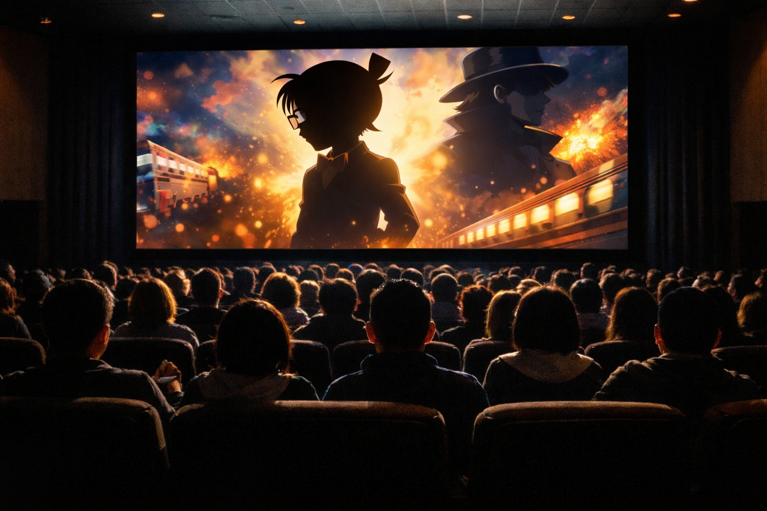 映画館で観客がスクリーンを見つめる様子とシルエットの人物が映るイメージ画像