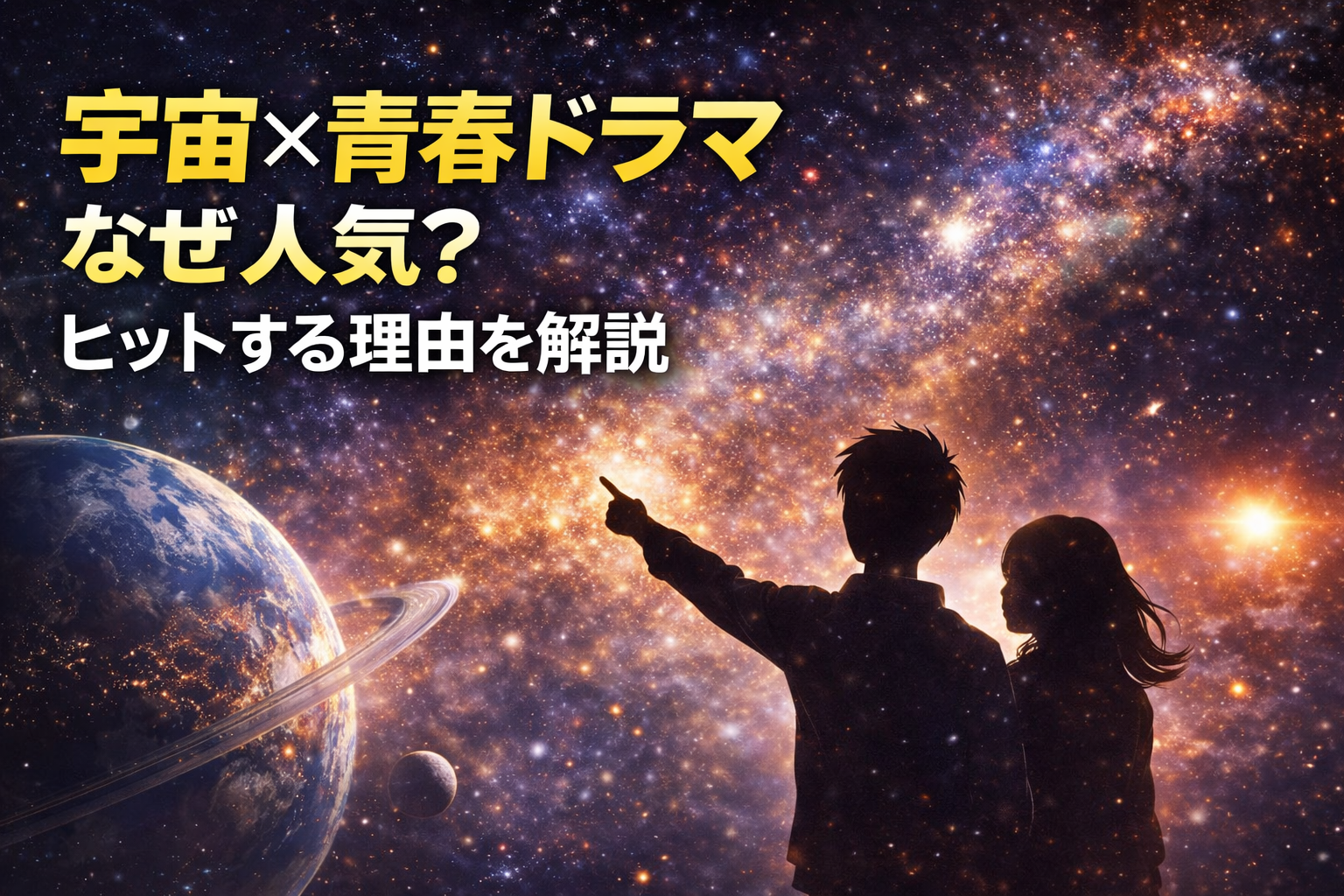 宇宙を背景にした男女のシルエットで青春ドラマの魅力を表現したアイキャッチ画像