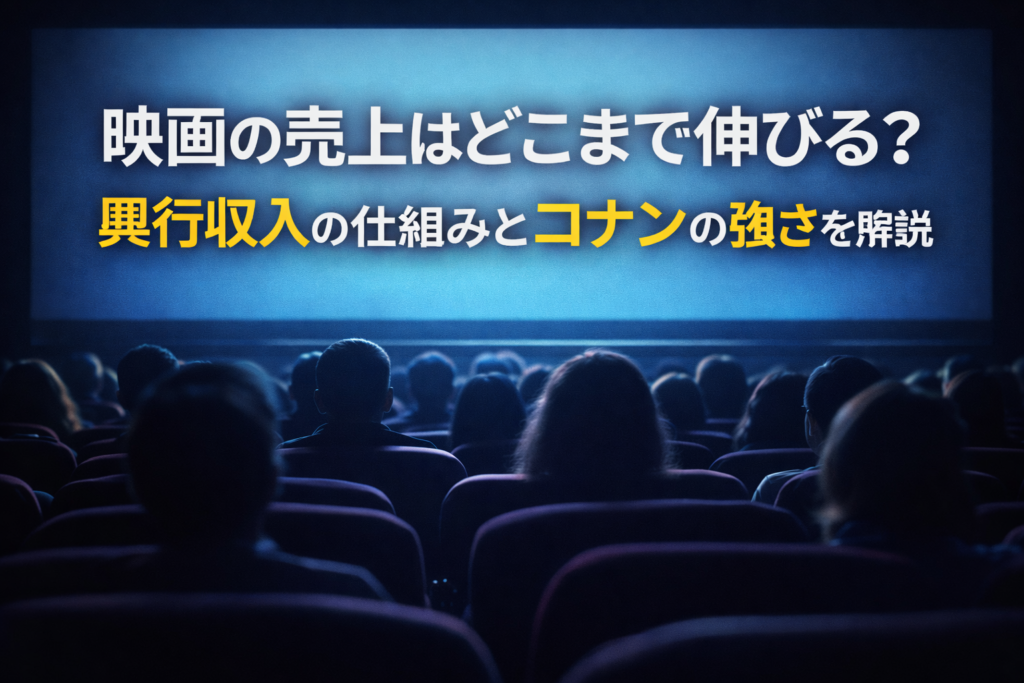 映画館でスクリーンを観る観客のシルエットと興行収入の仕組みを解説する記事のアイキャッチ