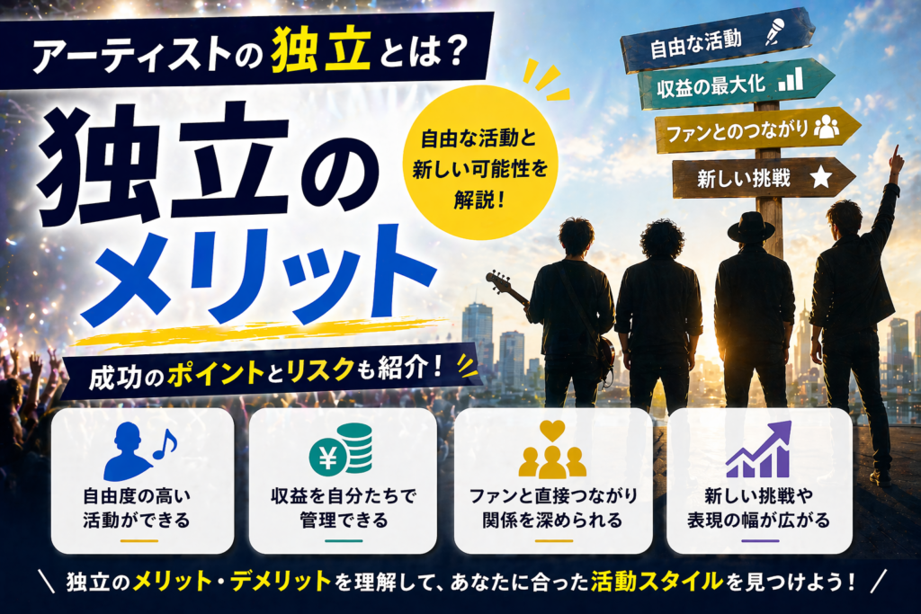 アーティストの独立をテーマにしたバンドのシルエットと都市背景、メリットを示すアイコンが配置されたイメージ画像