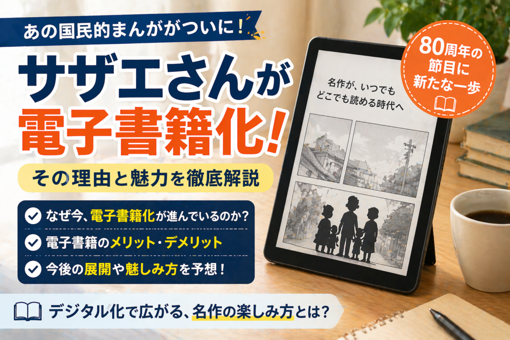 電子書籍化された漫画をタブレットで読むイメージと本やコーヒーが並ぶ落ち着いたデスク風景の画像