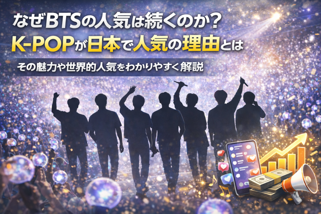 BTSの人気が続く理由とK-POPの魅力を表現したライブ会場と人物シルエットの画像